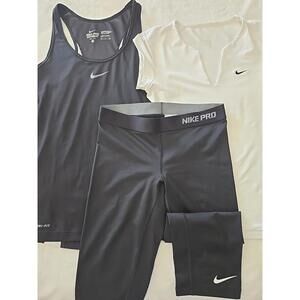 Nike Pro 3 Piece Set Combat Dri Fit Capri + 2 Tops Womens Size S Small EUC Black